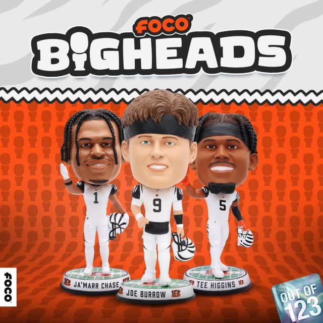 FOCO has White Bengal uniform Bighead bobbleheads of Cincinnati's Burrow,  Chase, Higgins