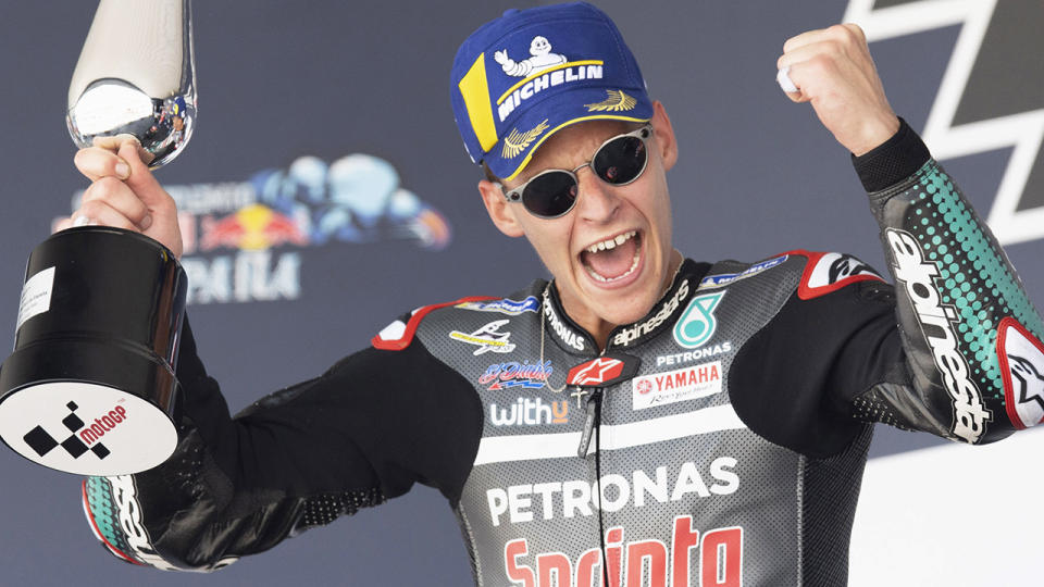 Fabio Quartararo is pictured celebrating victory after round one of the 2020 MotoGp season.