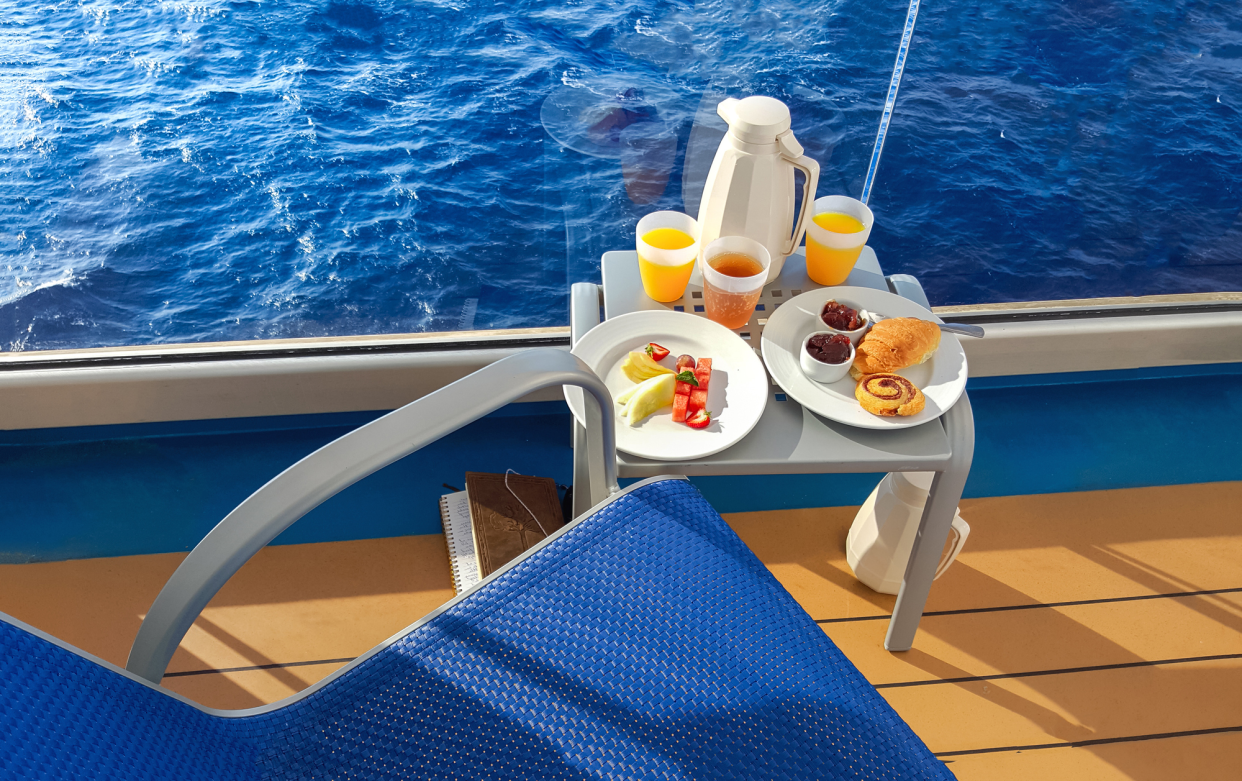 Breakfast on Patio of Cruise Ship Hotel Room, With Chair