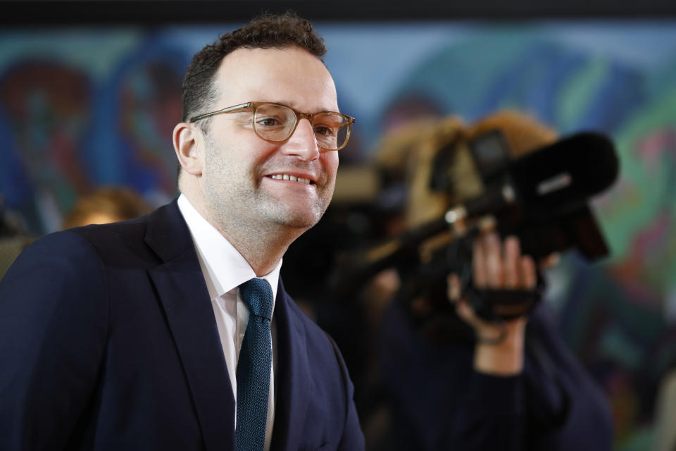 German Health Minister Jens Spahn arrives for the weekly cabinet meeting of the German government at the chancellery in Berlin, Germany, Wednesday, Jan. 15, 2020. (AP Photo/Markus Schreiber)