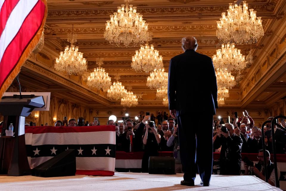 Former President Donald Trump arrives to speak at a Super Tuesday election night party March 5, 2024, at Mar-a-Lago in Palm Beach, Florida.