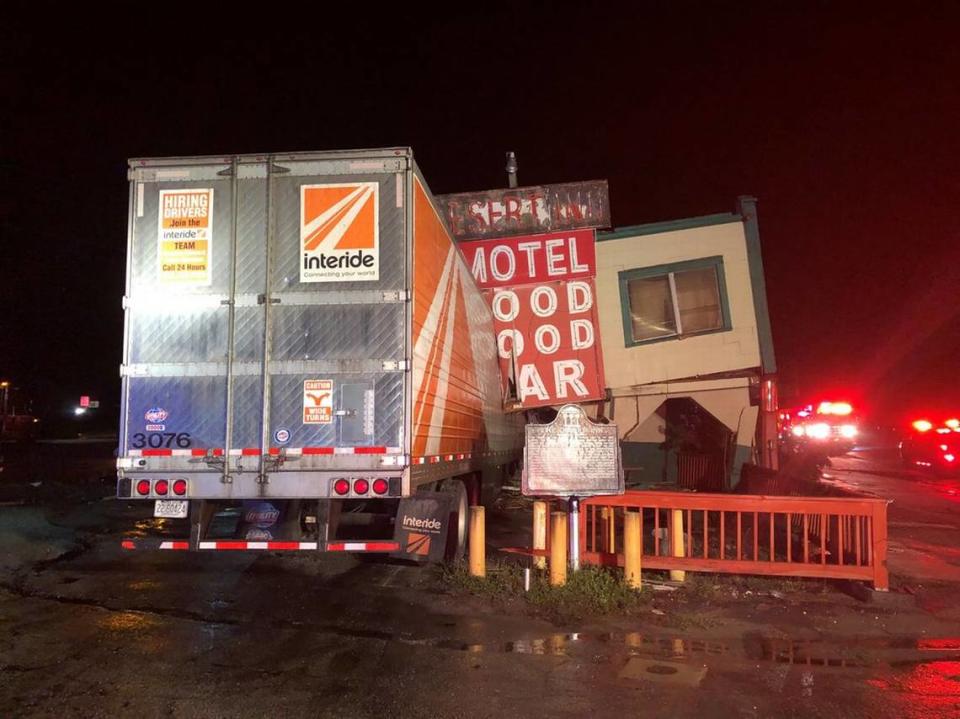 In a photo provided by the Florida Highway Patrol, a semitruck plowed into the historic Desert Inn in Yeehaw Junction south of Orlando, Fla., early Sunday, Dec. 22, 2019, causing major damage but no apparent injuries. The inn is the centerpiece of Yeehaw Junction, a tiny respite off Florida’s Turnpike between South Florida and Orlando. (Florida Highway Patrol)