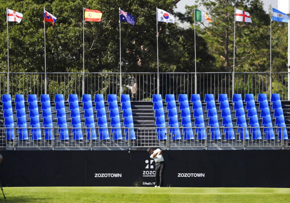 Tiger Woods teed off in front of an empty grandstand on Saturday at the Zozo Championship. Mandatory credit Kyodo/via REUTERS