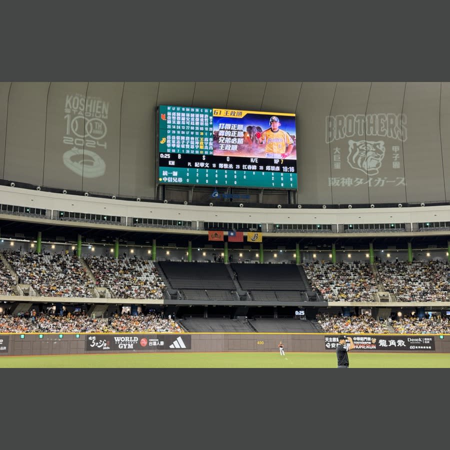 台北大巨蛋今天中信兄弟舉辦「阪神100週年大巨蛋特仕版 甲子園球場日」活動，邀請日職前阪神虎監督金本知憲開球打擊，並由阪神虎啦啦隊與Passion Sisters中信兄弟啦啦隊為比賽開場，觀賽人數破紀錄的創下32988人，打破大巨蛋開賽以來的進場人數。記者許正宏／攝影