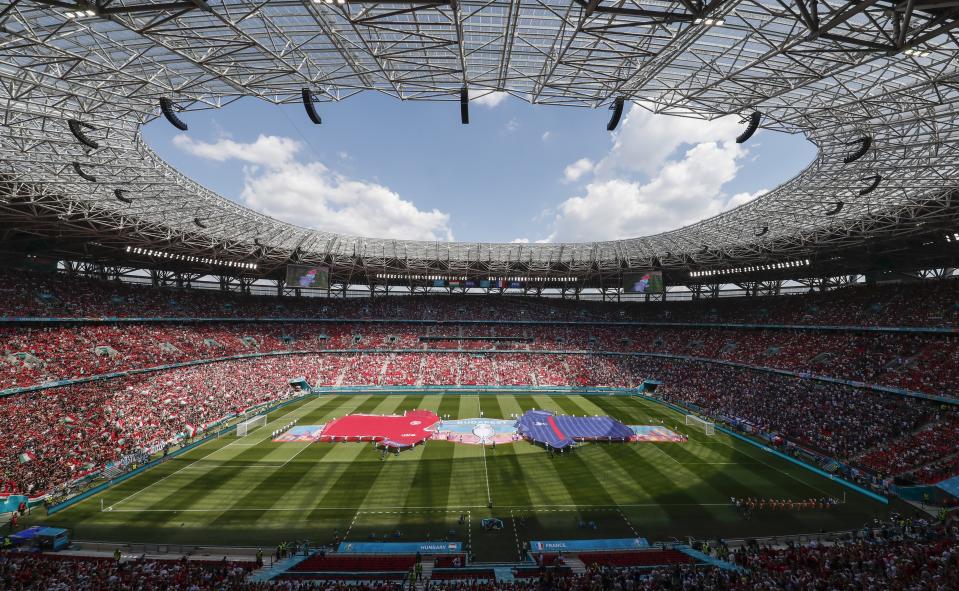 General view ahead of the Euro 2020 soccer championship group F match between Hungary and France at the Ferenc Puskas stadium in Budapest, Hungary, Saturday, June 19, 2021. (AP Photo/Laszlo Balogh, Pool)