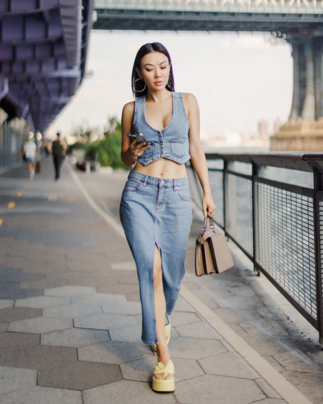 Wang in double denim by Abrand Jeans and carrying a Fendi bag.<p>Photo: Daniel Wang/Courtesy of Jessica Wang</p>