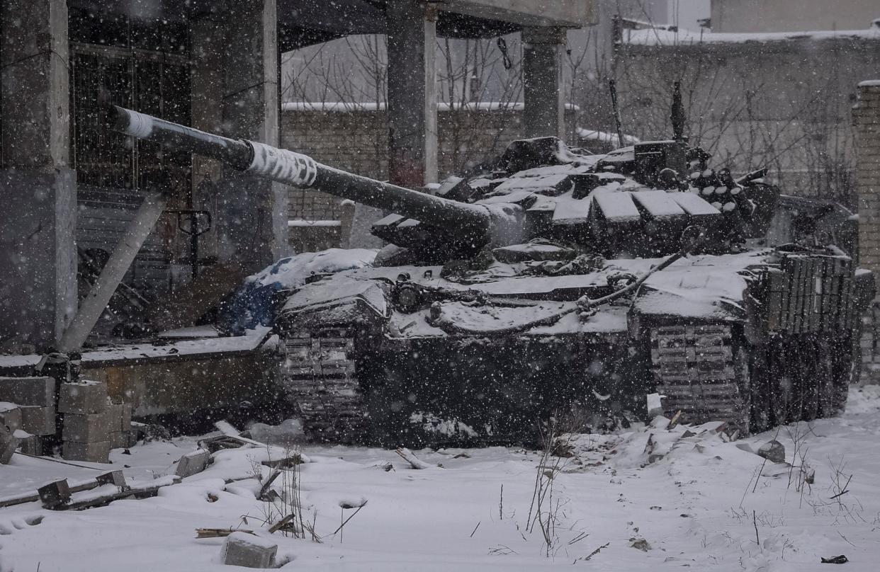 A Ukrainian tank is seen near Vuhledar.