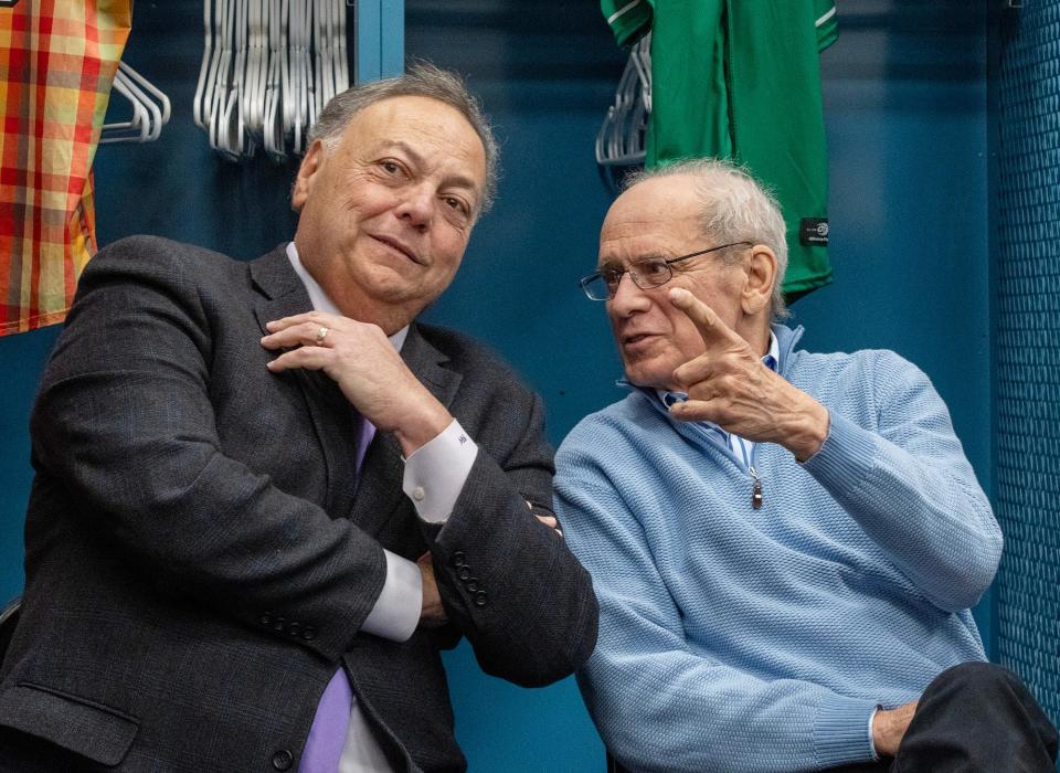 Worcester Bravehearts new owner Frank Vaccaro, left, talks with Worcester Red Sox chairman Larry Lucchino during a press conference at Polar Park on Thursday.