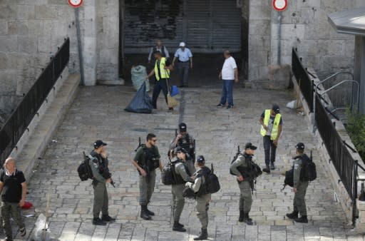 Israeli security forces close Damascus Gate after a Palestinian stabs and wounds two Israelis, one critically, in the latest Palestinian attack in the walled Old City of annexed east Jerusalem