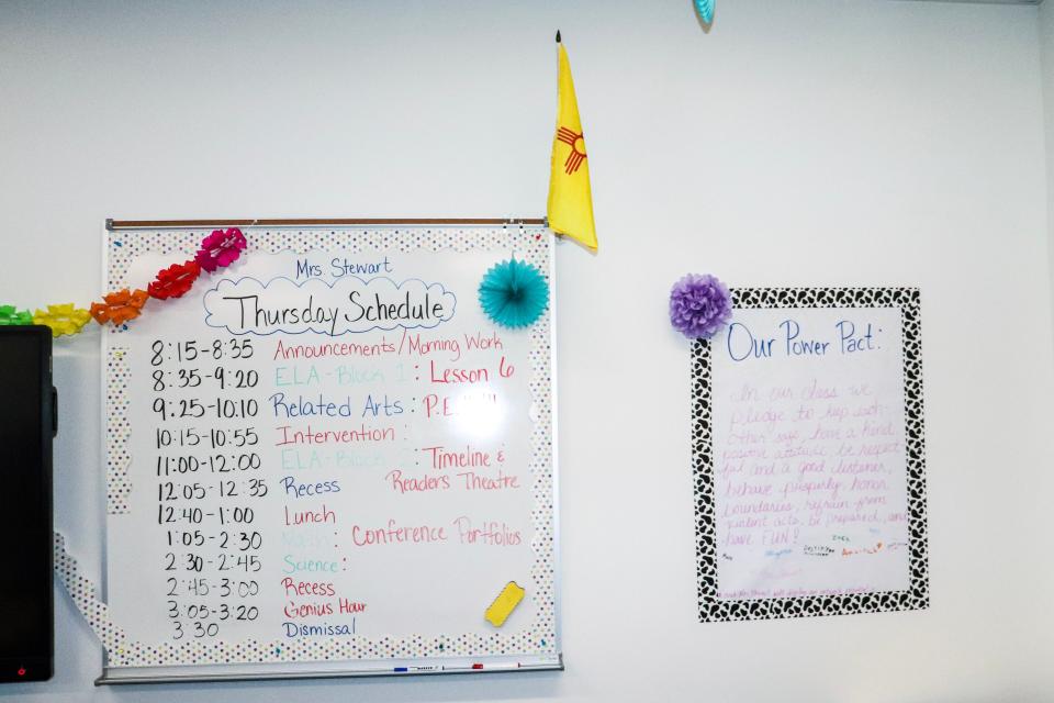 Classrooms in the SpaRRk Academy building, co-located with another full-time in-person elementary school, are decorated with colorful posters, inspirational quotes and helpful teaching resources. Students attend in-person classes once per week.