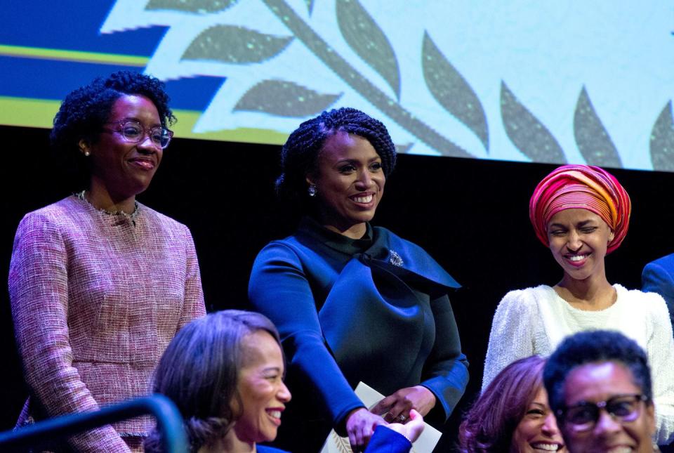 <p>Rep. Lauren Underwood, Rep. Ayanna Pressley, and Rep. Ilhan Omar during the swearing-in ceremony of Congressional Black Caucus members. Omar is the first Somali-American member of Congress.</p>