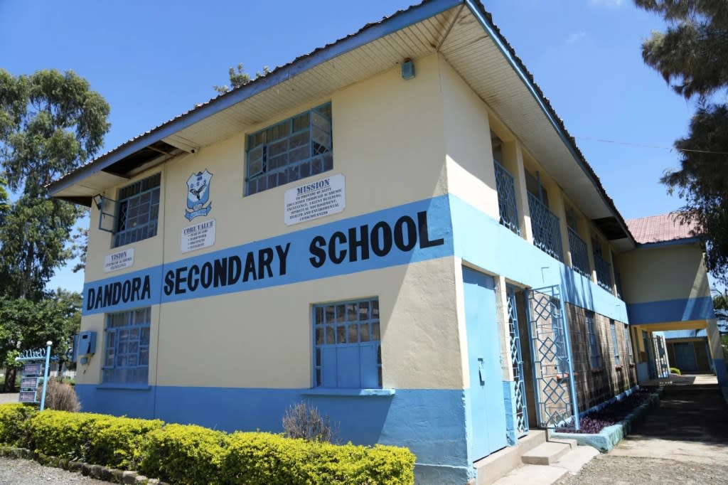 The Dandora Secondary school in the capital Nairobi, Kenya Monday, April 22, 2024. Students at a school next to Kenya’s largest dumpsite are on a mission to try to purify the air with bamboo. They have planted more than 100 seedlings along the wall that separates the school from the trash dump that was declared full 23 years ago. (AP Photo/Brian Inganga)