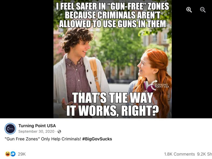 Turning Point USA meme shows a man and a woman on college campus. 