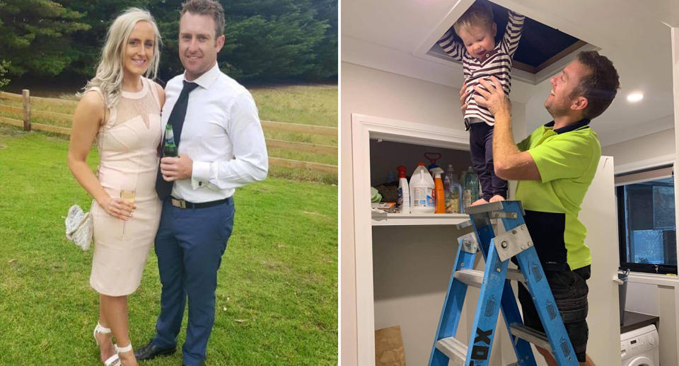 Left, Jarrod is pictured with his fiancee Charmaine. Right, Jarrod is seen lifting his son Archer to the top of his ladder while wearing his tradie outfit. Source: Supplied