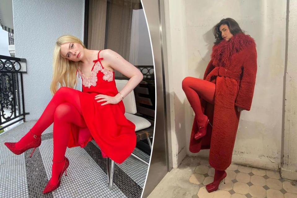“The Great” actress Elle Fanning (left) wears Vivetta, while Kylie Jenner (right) dons an all-red Jacquemus ensemble. @ellefanning/Instagram; @kyliejenner/Instagram