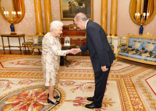 Britain's Queen Elizabeth II greets Turkey's President Recep Tayyip Erdogan during a private audience at Buckingham Palace in London