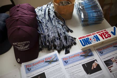 Promotional materials from the International Association of Machinists & Aerospace Workers are displayed at the union headquarters in North Charleston, South Carolina, March 26, 2015. REUTERS/Randall Hill