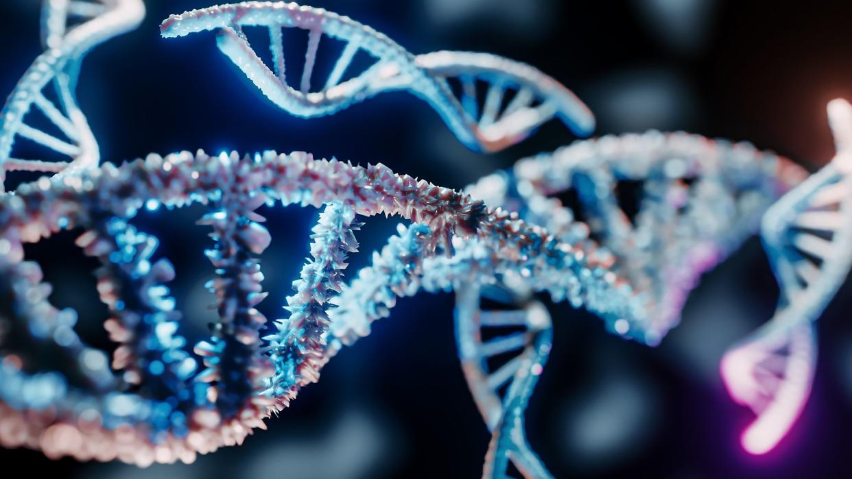  illustration shows a close up of a DNA molecule depicted in greyish blue 