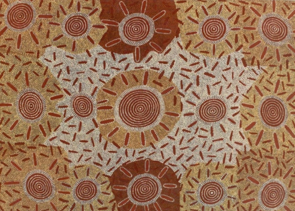 Painting titled ‘Flying termite dreaming’ by Anmatyerre Warlpiri man, Paddy Carroll Tjungurrayi