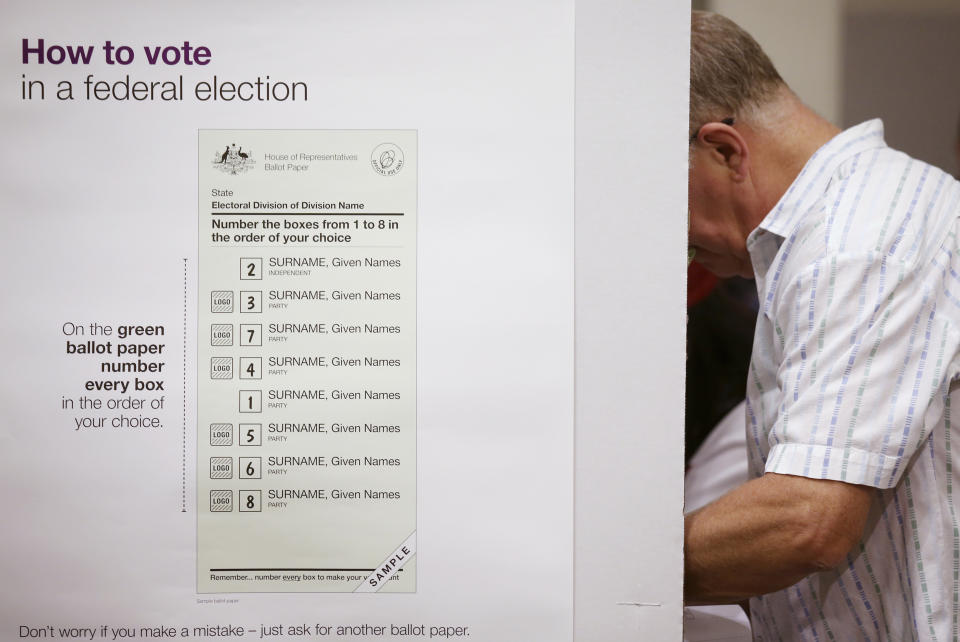 A voter fills in his ballot at the Town Hall in Sydney, Australia, in a federal election, Saturday, May 18, 2019. Polling stations have opened in eastern Australia on Saturday in elections that are likely to deliver the nation's sixth prime minister in as many years. (AP Photo/Rick Rycroft)