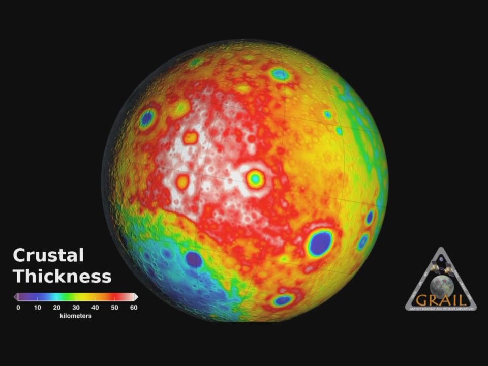 This animation shows the crustal thickness of the Moon. Deep purple indicates a crustal thickness of 1km, while white shows a thickness of 60km. The average thickness of the crust is 34km (NASA)