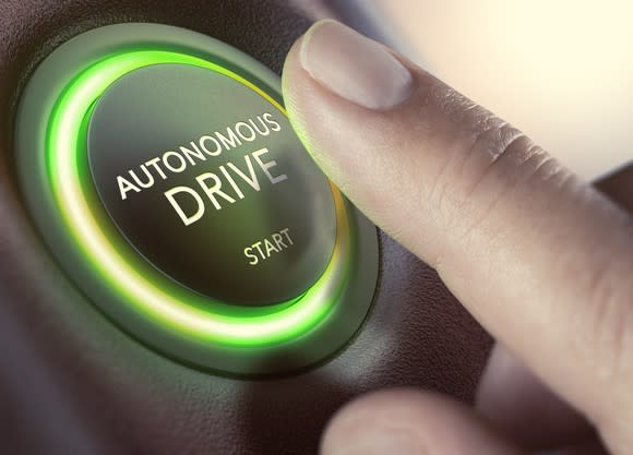 A finger pressing a start button that says autonomous drive.