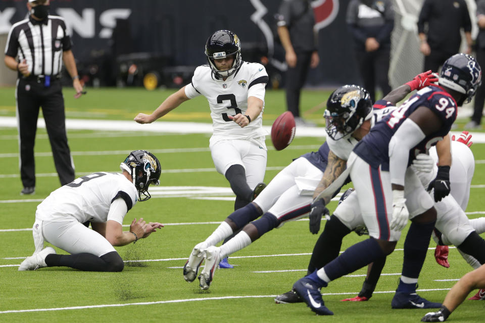 Jacksonville Jaguars kicker Stephen Hauschka (3) misses a field goal attempts against the Houston Texans during the first half of an NFL football game Sunday, Oct. 11, 2020, in Houston. (AP Photo/Michael Wyke)