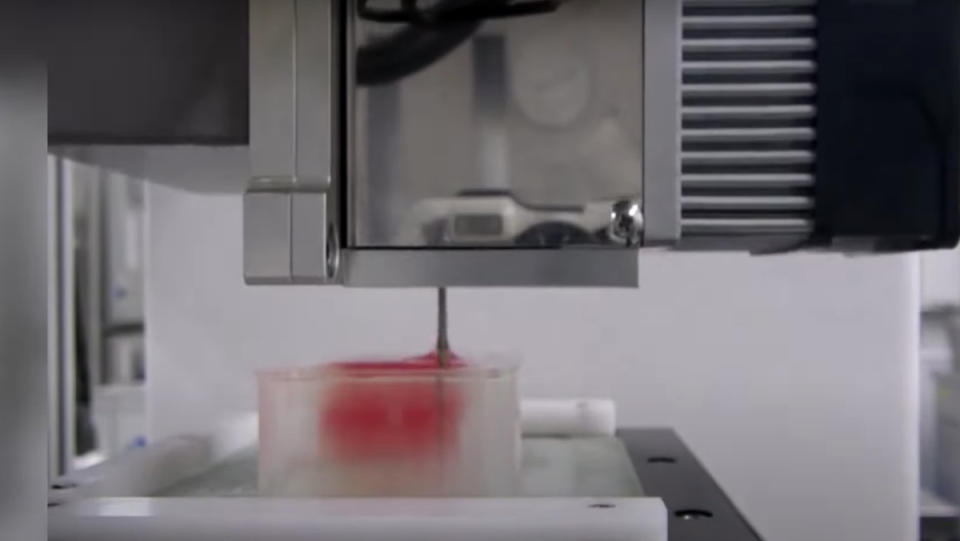 A silver, metallic 3D printer using a hollow needle to inject pinkish slime into a rectangular piece of Waygu beef.