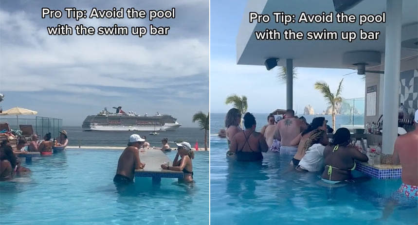 Screenshot of the TikTok showing people in the swim up pool bar in Mexico.