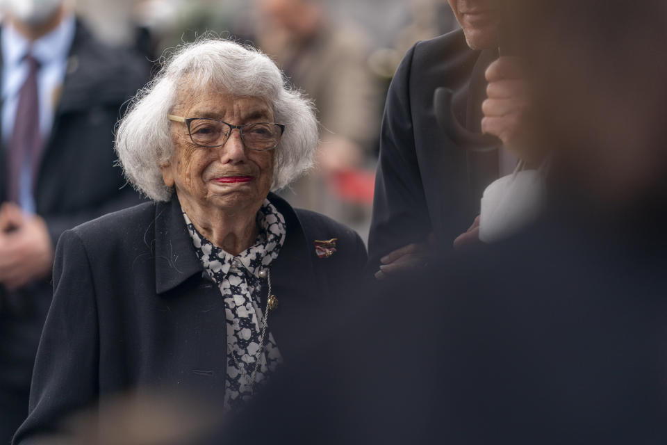 Holocaust Survivor Margot Friedlander steps away from the podium after speaking at a ceremony attended by U.S. Secretary of State Antony Blinken and German Minister of Foreign Affairs Heiko Maas for the launch of a U.S.-Germany Dialogue on Holocaust Issues at the Memorial to the Murdered Jews of Europe in Berlin, Thursday, June 24, 2021. Blinken is on a week long trip in Europe traveling to Germany, France and Italy. (AP Photo/Andrew Harnik, Pool)