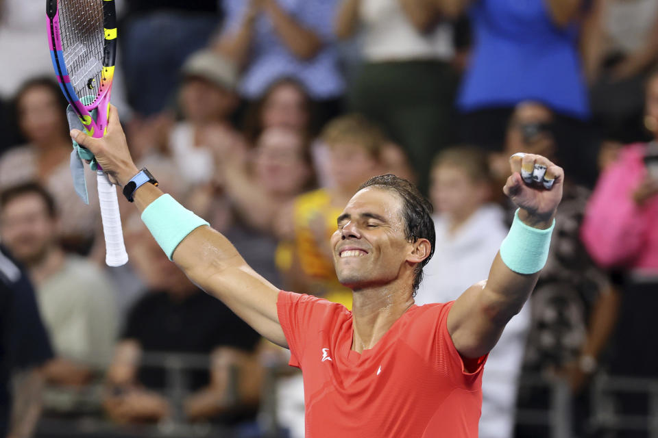 Rafael Nadal of Spain reacts after winning his match against Dominic Thiem of Austria with 7-5, 6-1, during the Brisbane International tennis tournament in Brisbane, Australia, Tuesday, Jan. 2, 2024. (AP Photo/Tertius Pickard)