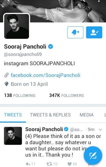 Sooraj Pancholi’s account before he deleted it. 