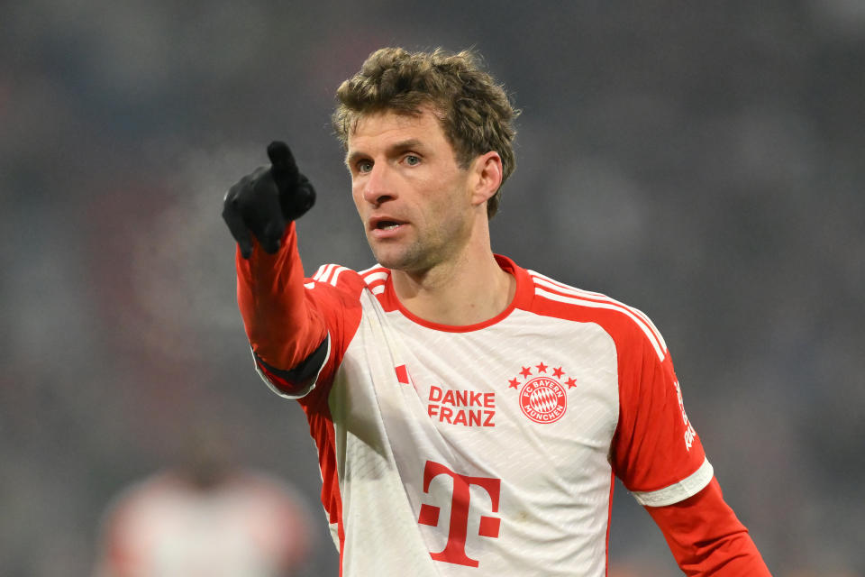 MUNICH, GERMANY - JANUARY 12: Thomas Mueller of Bayern Munich gestures during the Bundesliga match between FC Bayern München and TSG Hoffenheim at Allianz Arena on January 12, 2024 in Munich, Germany. (Photo by Sebastian Widmann/Getty Images)