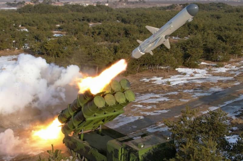 A picture released by the North Korean State News Agency (KCNA) on 15 February 2024 shows a test firing of the new-type surface-to-sea missile Padasuri-6, at an undisclosed location in North Korea. -/KCNA via YNA/dpa