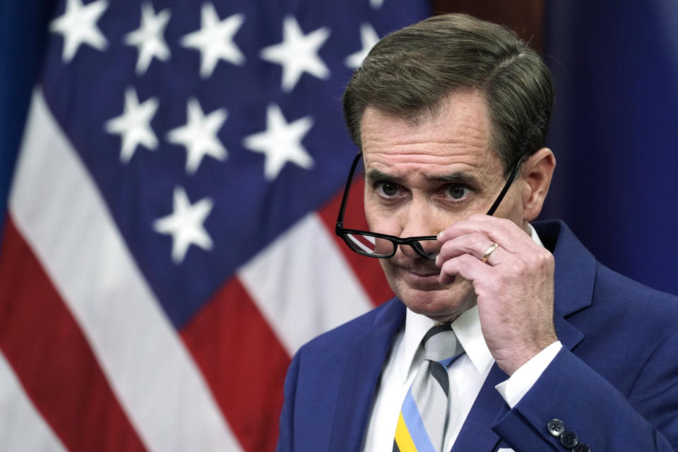 Pentagon spokesman John Kirby speaks during a media briefing at the Pentagon, Monday, Sept. 20, 2021, in Washington. (AP Photo/Alex Brandon)