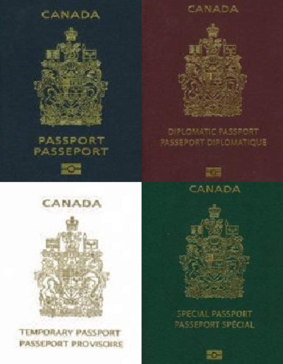 Four types of Canadian passports, from the blue, regular passport (top left), a maroon, diplomatic passport (top right), a white, temporary passport (bottom left) and a green, special passport (bottom right).