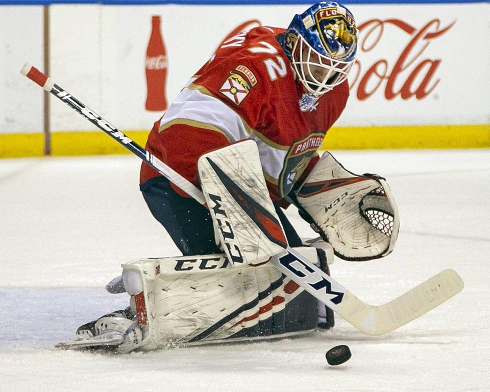 Florida Panthers goaltender Sergei Bobrovsky (72) stops a shot at the goal in the first period as the Florida Panthers host the Columbus Blue Jackets at the BB&T Center in Sunrise on Saturday, December 7, 2019.