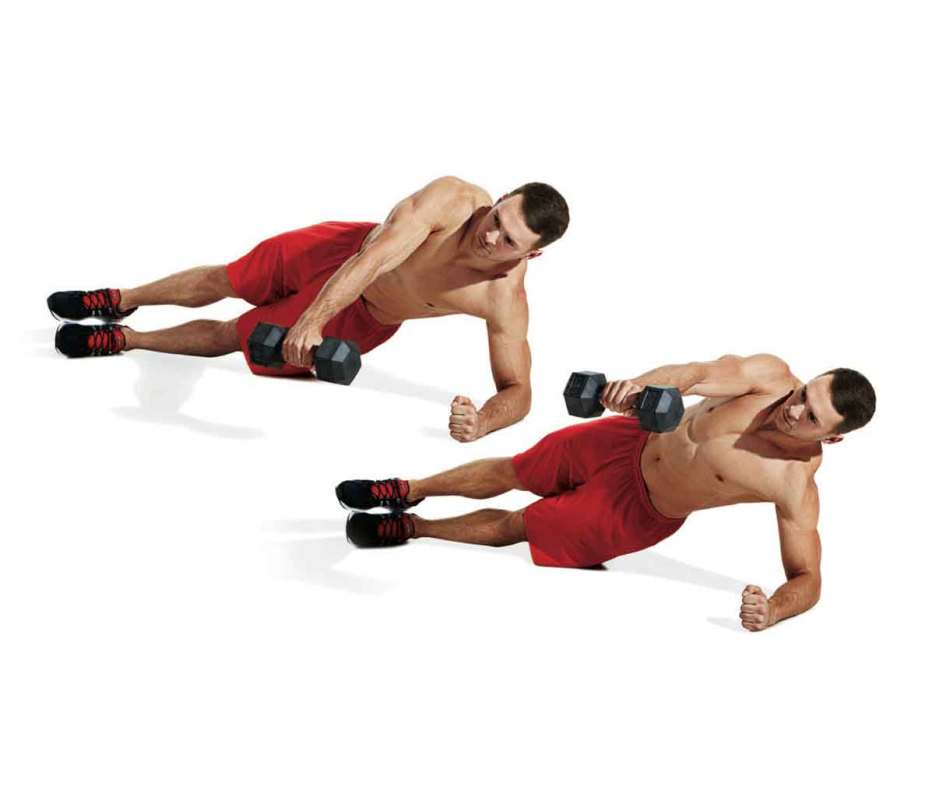 How to Do It:<ol><li>Lie on your left side, resting your left forearm on the floor for support, and holding a dumbbell in your right hand. </li><li>Raise your hips up so your body forms a straight line and brace your core—your weight should be on your left forearm and the edge of your left foot. </li><li>Raise the weight in your right hand until your arm is parallel to the floor. </li><li>Lower to the start position. That's 1 rep. Complete all reps on one side, then switch.</li></ol>