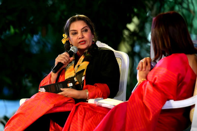 Bollywood actor Shabana Azmi in conversation with writer Rakhshanda Jalil during For Abba, With Love session at the third day of ZEE Jaipur Literature Festival 2019, at Diggi Palace, on January 26, 2019 in Jaipur, India. 