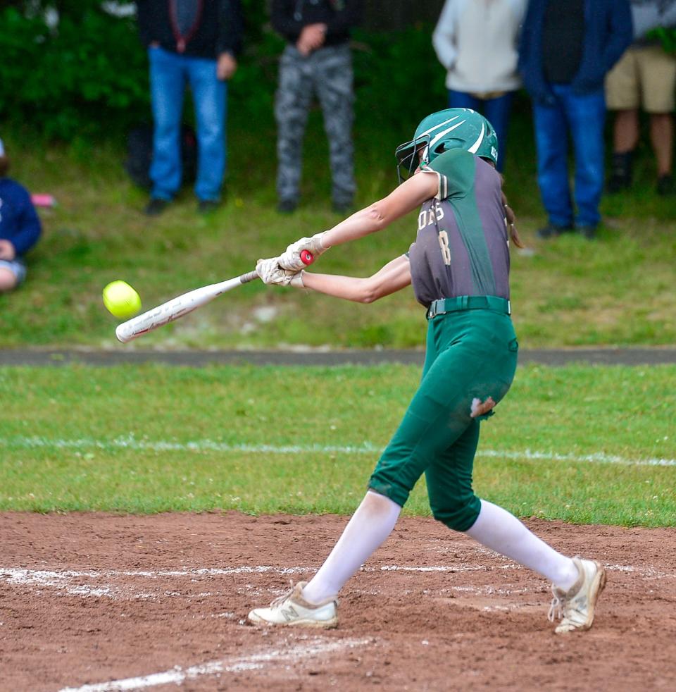 Dighton-Rehoboth’s Cam Cloonan hits a home run during a 2023 Division 3 Round of 32 game against Bristol-Plymouth.