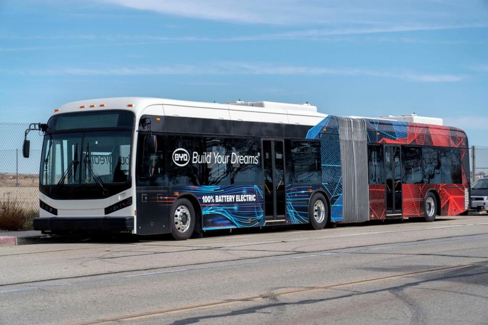 PHOTO: An electric bus at the BYD Coach and Bus manufacturing facility in Lancaster, California, Feb. 2, 2023.  (Bloomberg via Getty Images)
