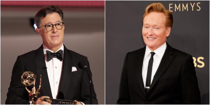 Stephen Colbert, left, and Conan O&#39;Brien, right, at the 2021 Emmy Awards.