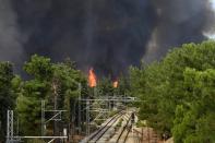 Flames burn near the railway lines in Tatoi area, northern Athens, Greece, Tuesday, Aug. 3, 2021. Greece Tuesday grappled with the worst heatwave in decades that strained the national power supply and fueled wildfires near Athens and elsewhere in southern Greece. As the heat wave scorching the eastern Mediterranean intensified, temperatures reached 42 degrees Celsius (107.6 Fahrenheit) in parts of the Greek capital. (AP Photo/Michael Varaklas)