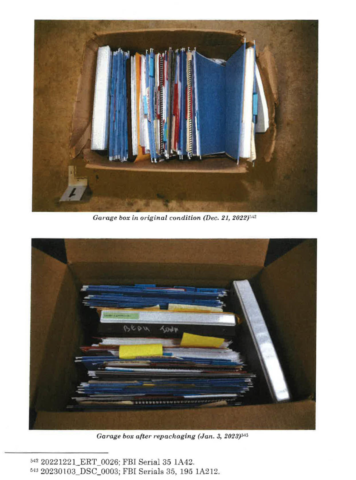 hur report

Pg. 126, 127, 128 SEVERAL PHOTOS OF BOXES IN WILMINGTON, DEL GARAGE Among the places Mr. Biden's lawyers found classified documents in the garage was a damaged, opened box containing numerous hanging folders, file folders, and binders.537 The box, which was labeled 