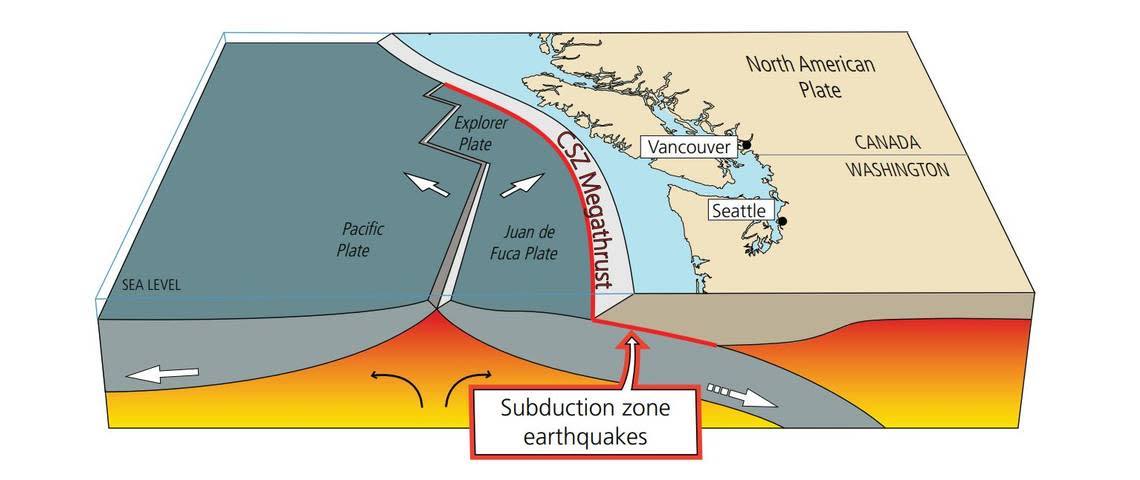 The Cascadia subduction zone is locked by friction at depths lower than 18 miles. Strain slowly builds up until the fault’s frictional strength is exceeded and the rocks slip past each other in a “megathrust” earthquake.