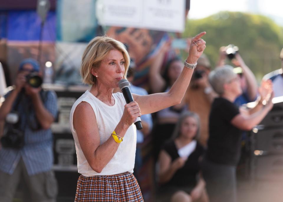 Former state Sen. Wendy Davis speaks at Sunday's rally in East Austin. Davis is best known for her 13-hour filibuster of an anti-abortion bill.