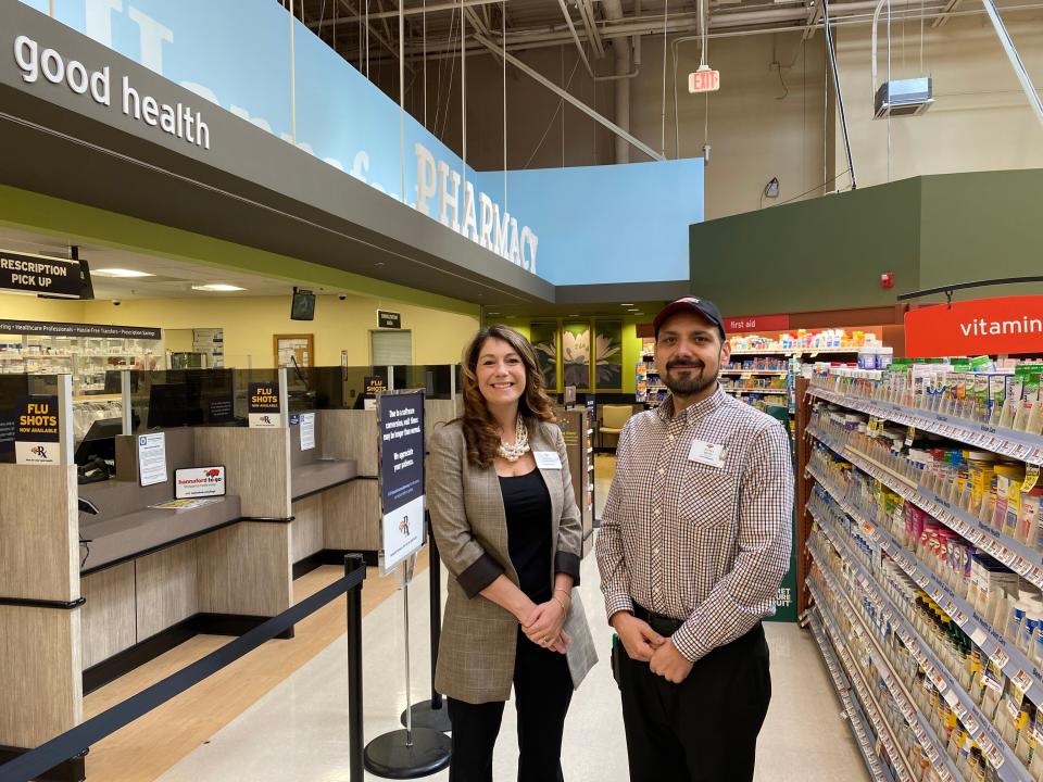 Hannaford Supermarkets Vice President of Retail Operations Andrea Nickerson and Taunton Store Manager James White show the expanded pharmacy after a major store renovation on Friday, Jan. 12, 2024.