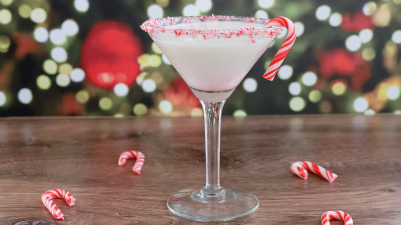 candy cane martini cocktail glass on table