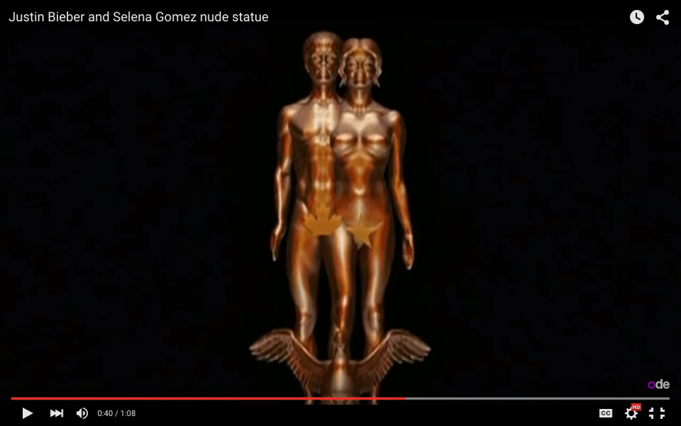 Photo: Justin Bieber and Selena Gomez's nude sculpture by Daniel Edwards via Youtube screengrab