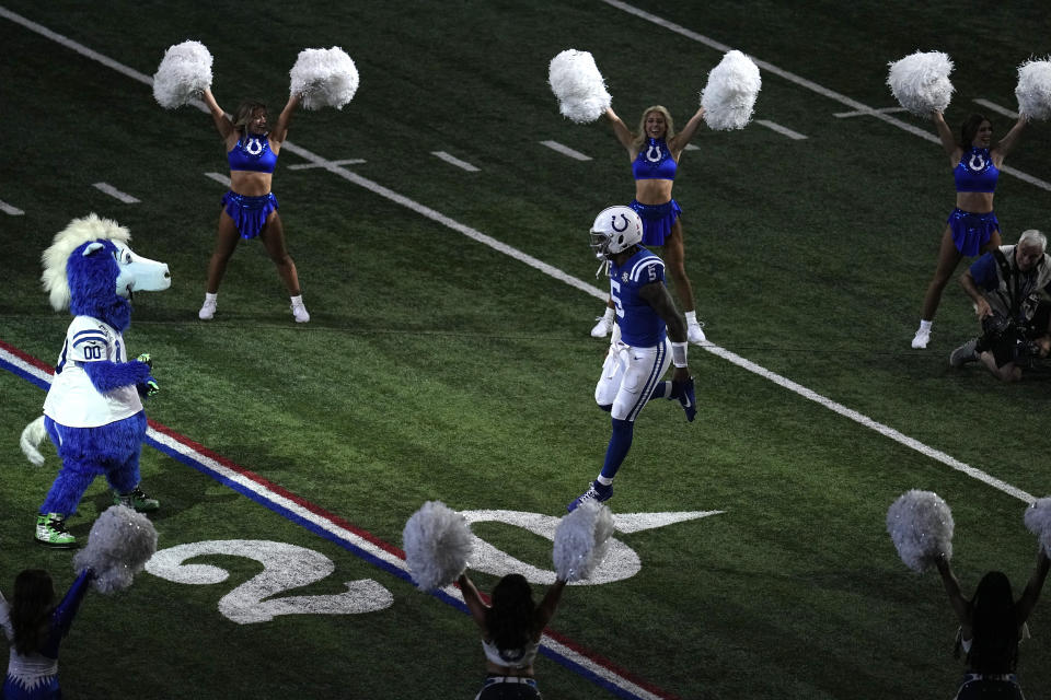 Indianapolis Colts quarterback Anthony Richardson is introduced before the start of an NFL football game against the Jacksonville Jaguars Sunday, Sept. 10, 2023, in Indianapolis. (AP Photo/Darron Cummings)